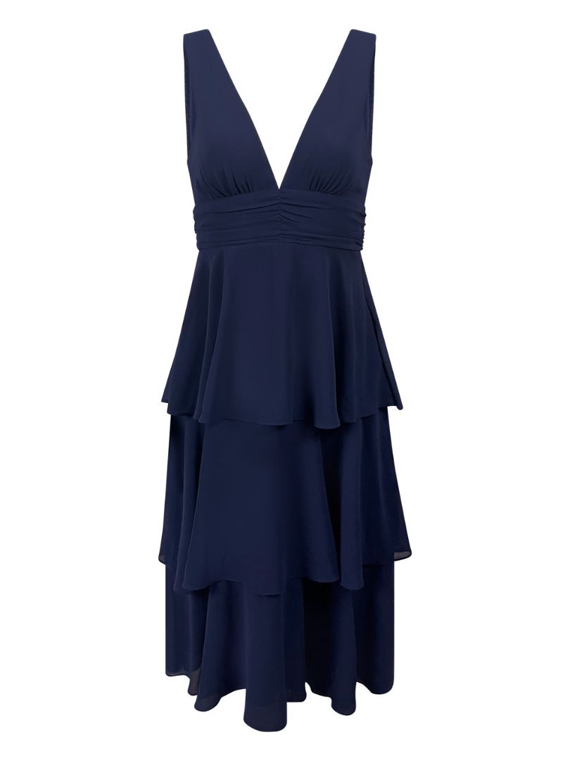 Navy Blue Sleeveless Tiered Midi Dress