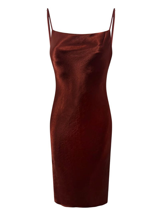 Copper Satin Cowl Neck Midi Dress